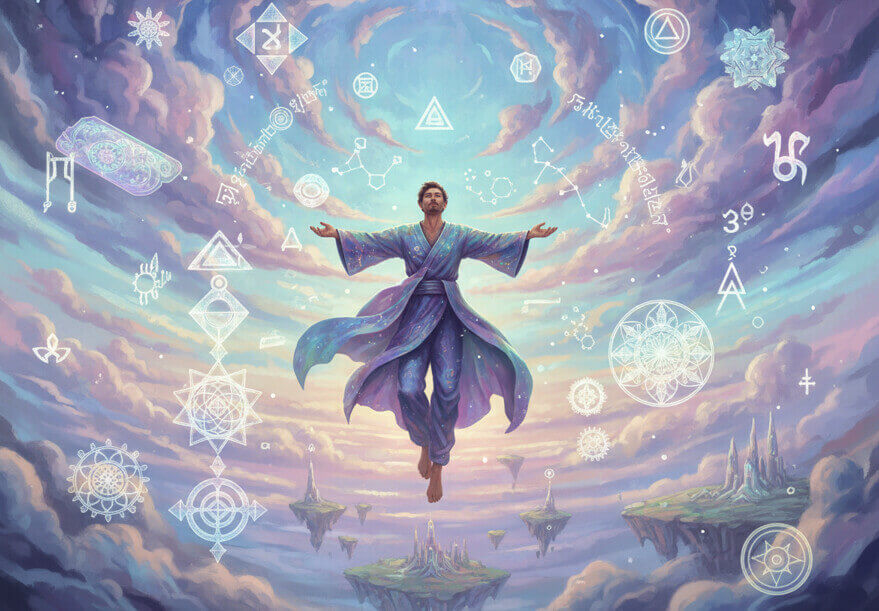 a man flying through a dreamlike sky filled with floating symbols