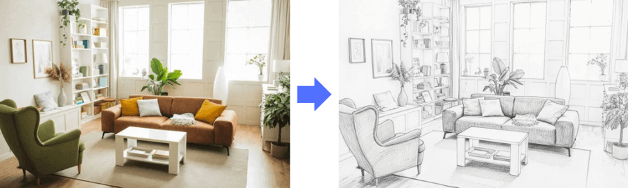 convert a photo of living room to sketch style