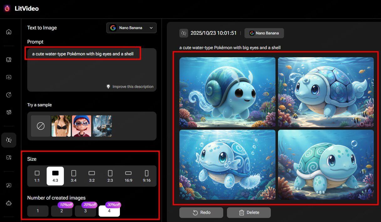 Steps to draw Pokémon with LitVideo's text-to-image feature