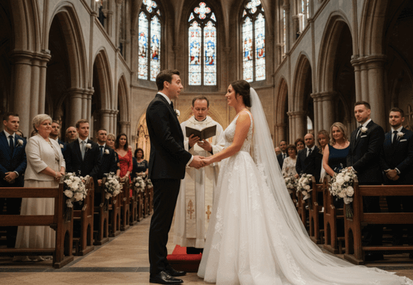 The groom is reciting the vows to the bride