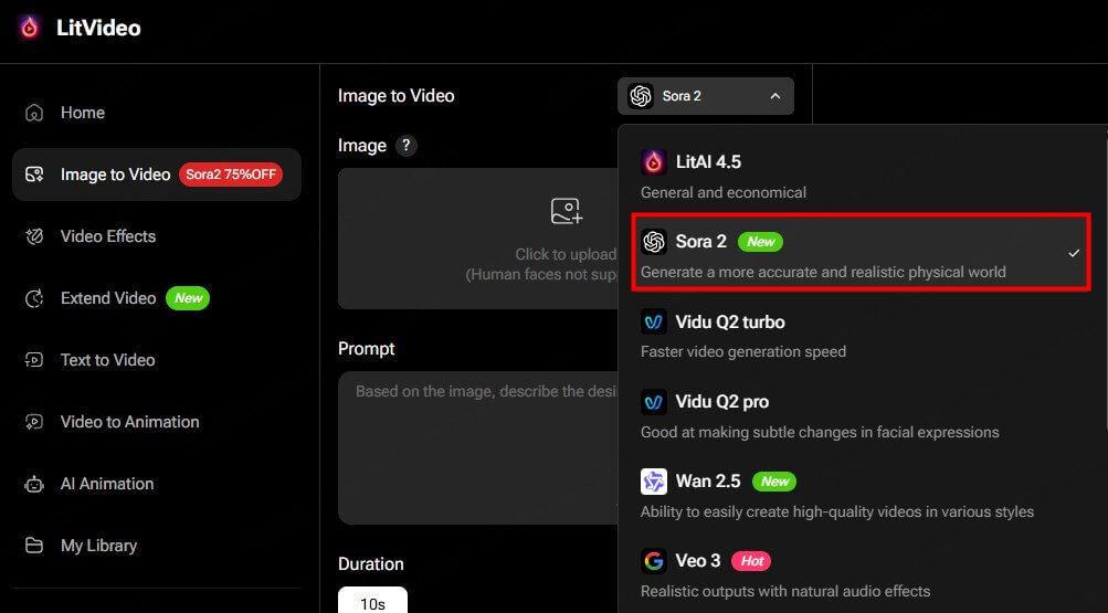 Choose Sora 2 from LitVideo's AI video models