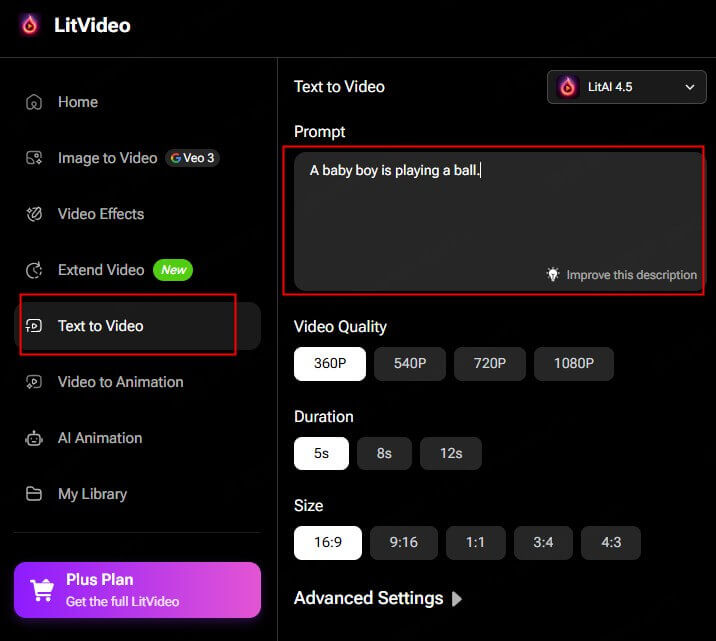 Input your text prompt like 'a baby boy is playing a ball'