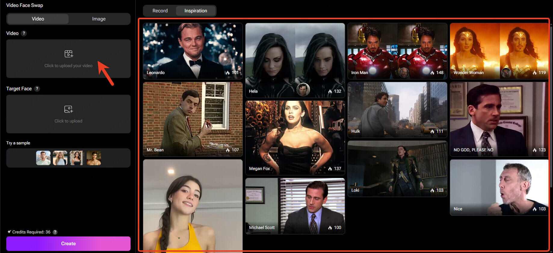 upload your target video or choose a template